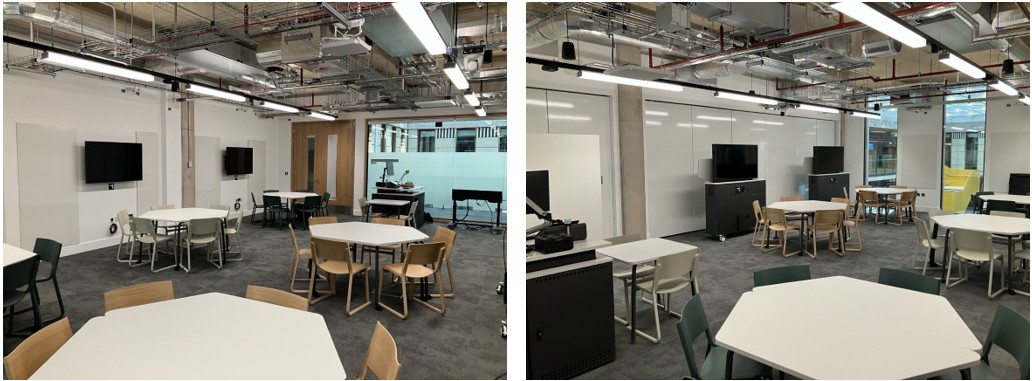 Classroom with table and chairs set up for active learning.